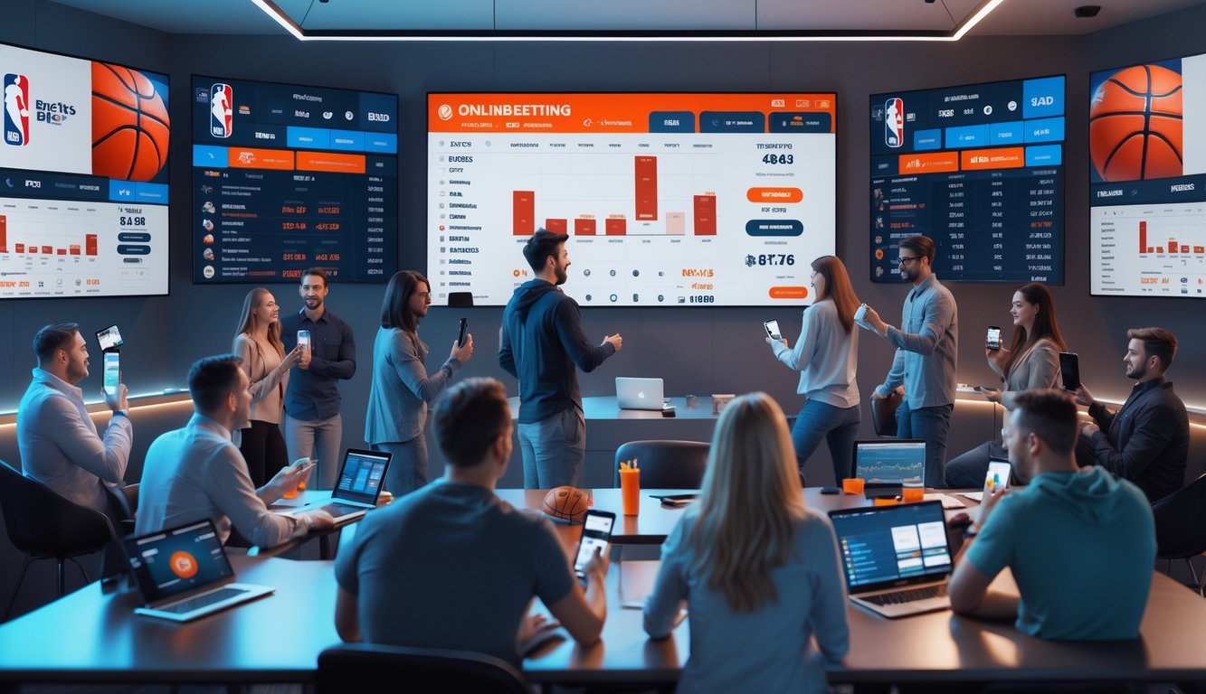 Sekelompok orang muda sedang menggunakan perangkat elektronik untuk memasang taruhan NBA secara online di ruangan modern dengan layar besar menampilkan statistik pertandingan.