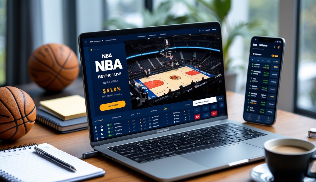 Seorang pria menggunakan laptop dan ponsel untuk memasang taruhan NBA online di meja kerja dengan bola basket dan catatan di sekitarnya.