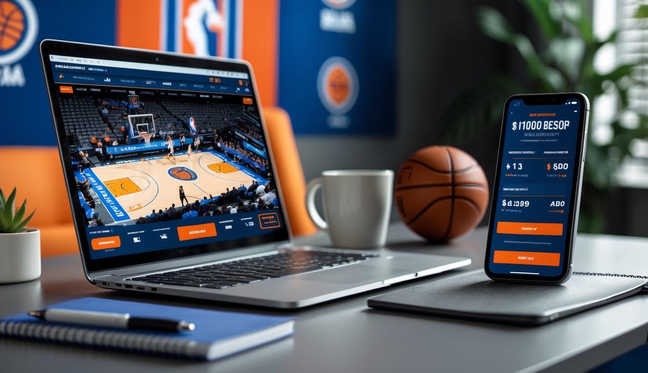 Seorang pria menggunakan laptop dan ponsel untuk memasang taruhan NBA online di meja kerja yang rapi dengan dekorasi bertema bola basket.