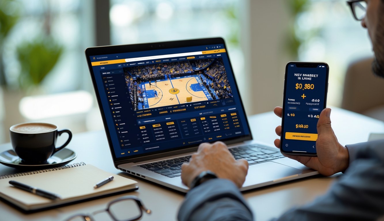 Seorang pria menggunakan laptop dan smartphone untuk memasang taruhan NBA online di meja kerja modern.