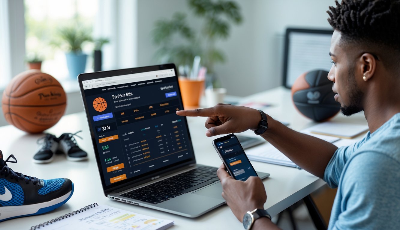 Seseorang duduk di depan laptop dengan tampilan situs taruhan NBA online, dikelilingi bola basket dan catatan strategi di meja kerja.
