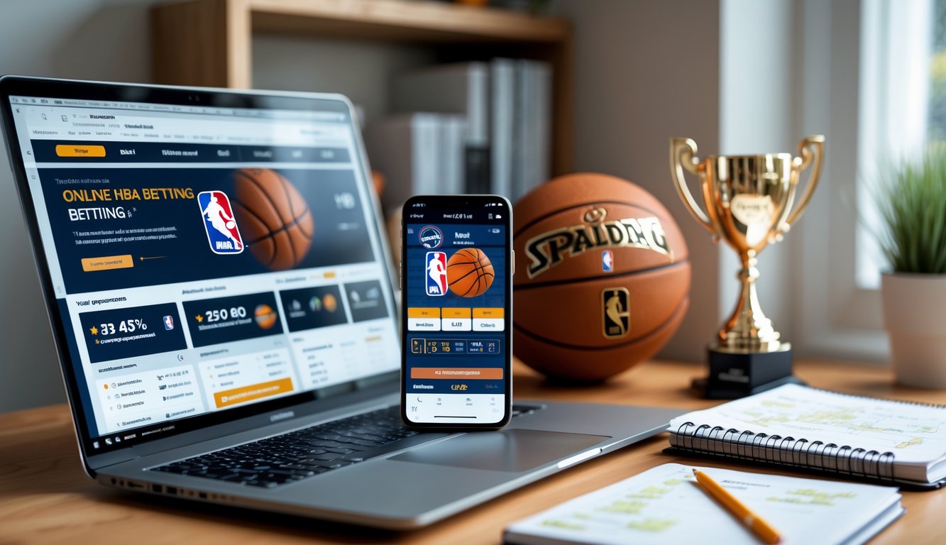 Sebuah meja kerja dengan laptop menampilkan situs taruhan NBA, ponsel dengan pertandingan NBA langsung, dan buku catatan strategi taruhan.