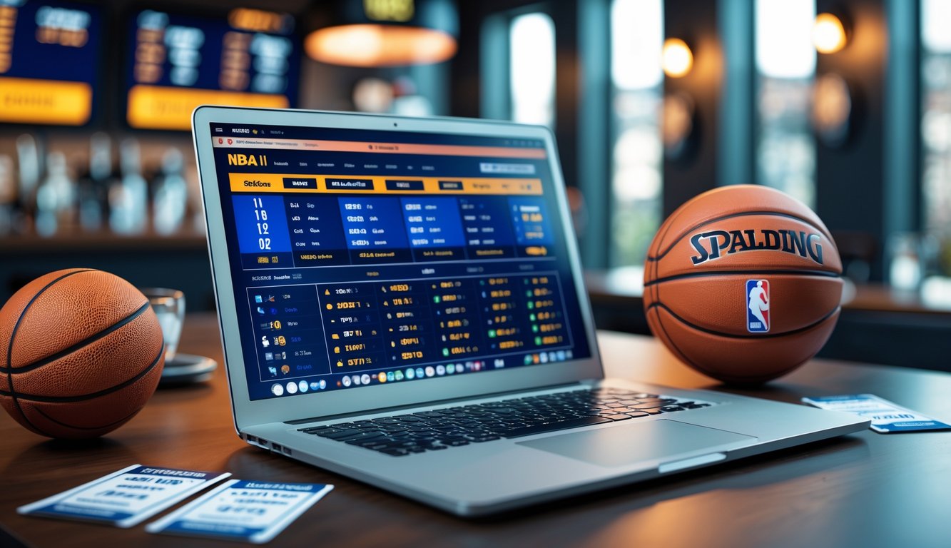 Seorang pria duduk di depan laptop dengan tampilan situs taruhan NBA online, dikelilingi bola basket dan elemen terkait taruhan.