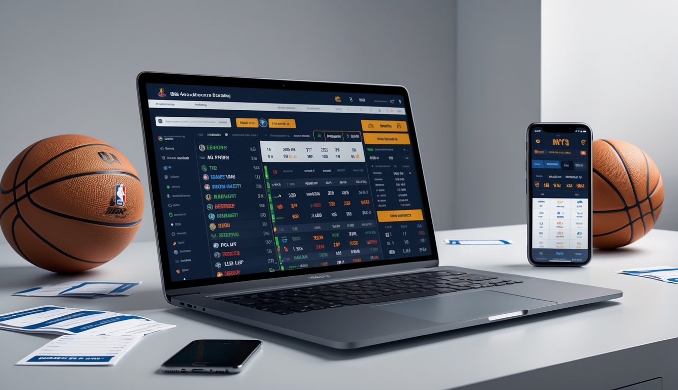 Meja kerja modern dengan laptop yang menampilkan situs taruhan NBA, bola basket, dan ponsel yang menunjukkan skor NBA secara langsung.