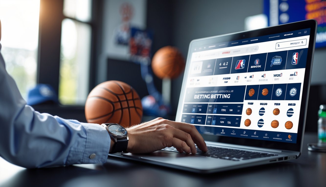 Seseorang sedang menggunakan laptop dengan tampilan situs taruhan NBA online di meja kerja modern.
