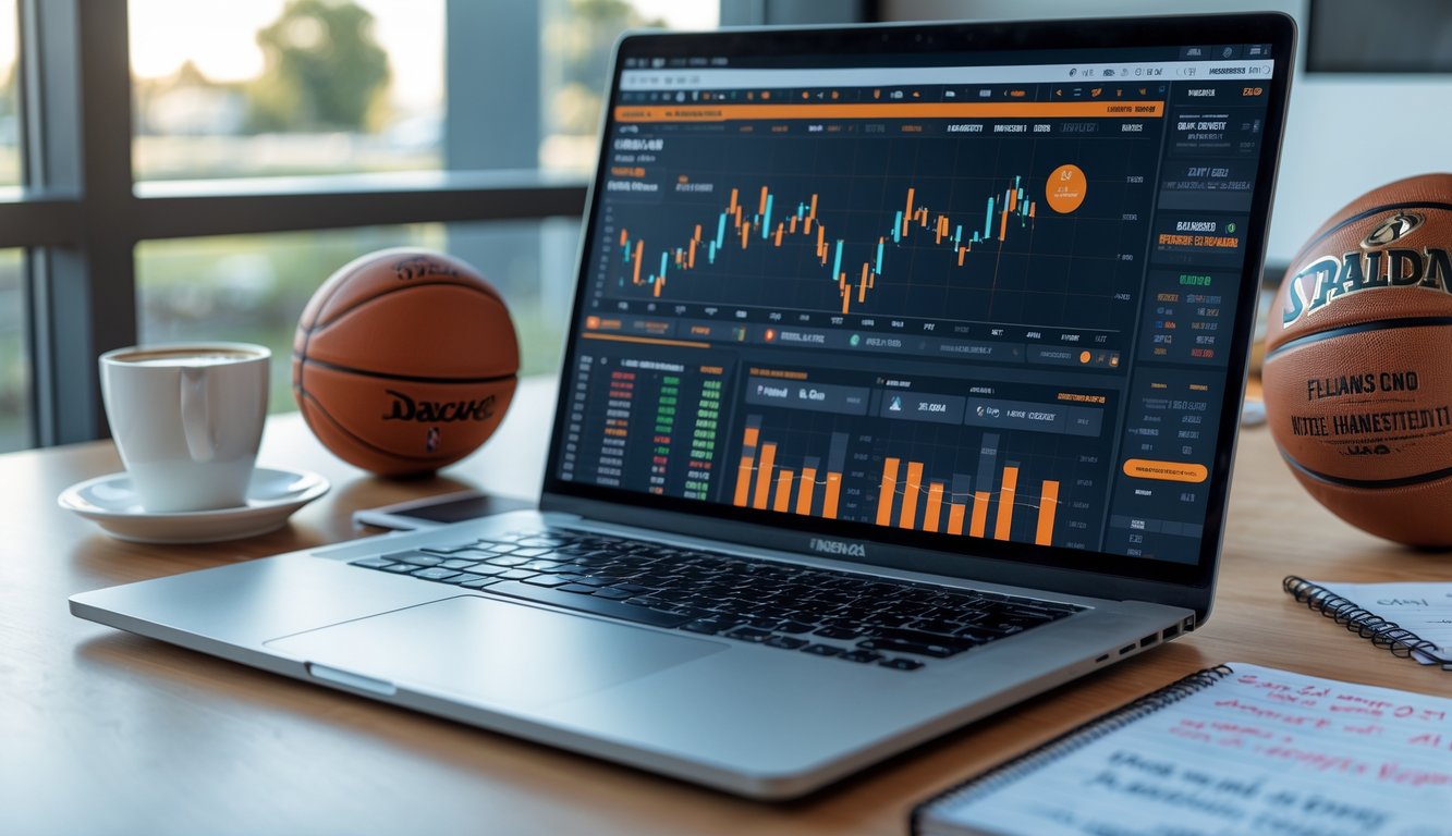 Meja kerja modern dengan laptop menampilkan statistik bola basket, ponsel dengan pembaruan pertandingan NBA, dan secangkir kopi di sampingnya.