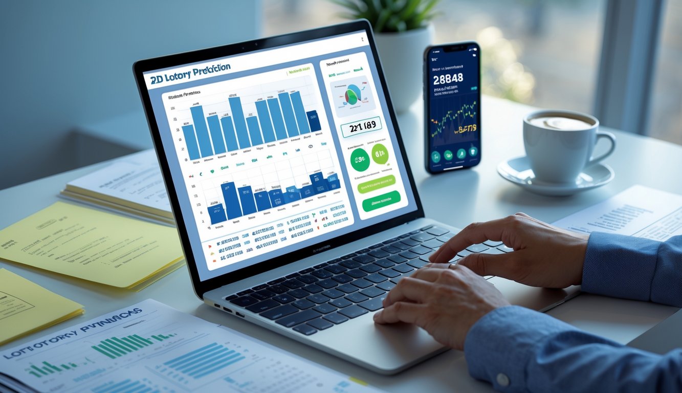 Meja kerja modern dengan laptop menampilkan grafik prediksi togel 2D, tangan seseorang menggunakan touchpad, ponsel dengan pembaruan real-time, dan secangkir kopi.