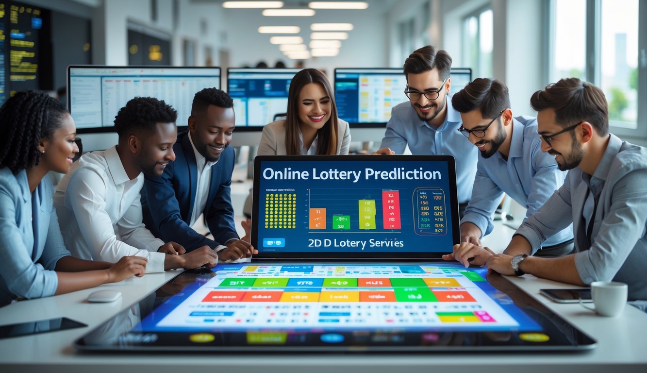 Sekelompok orang sedang bekerja sama di meja digital dengan grafik dan angka terkait prediksi togel 2D di kantor modern.