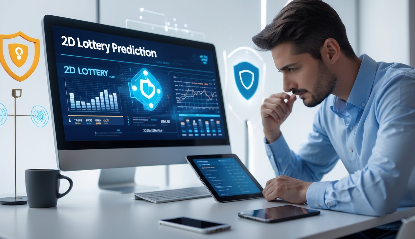Sebuah meja kerja modern dengan komputer, tablet, dan smartphone yang menampilkan data prediksi togel 2D, dengan seseorang yang sedang menganalisis informasi tersebut.