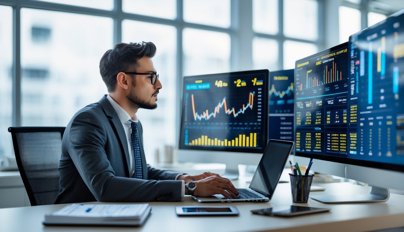 Seorang profesional sedang duduk di meja kerja modern dengan beberapa layar komputer yang menampilkan grafik dan data statistik di kantor yang terang.