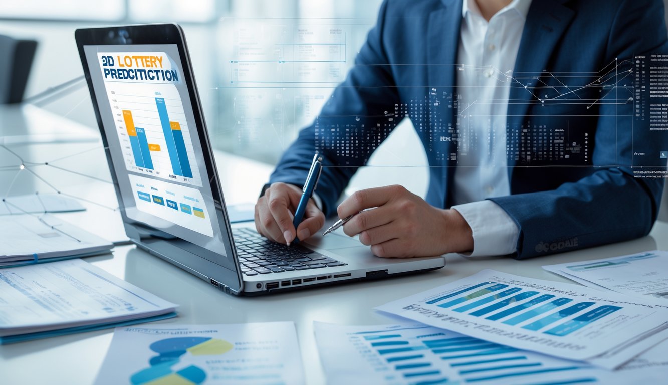 Seseorang sedang menganalisis data prediksi togel 2D di depan laptop dengan catatan dan grafik di meja kerja.