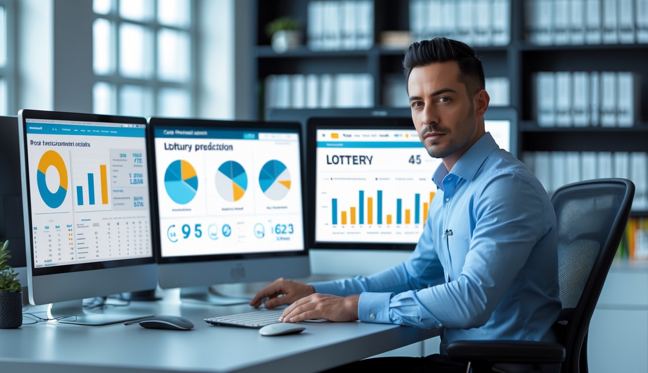 Seorang profesional sedang bekerja di depan beberapa layar komputer yang menampilkan grafik dan data statistik di sebuah kantor modern.