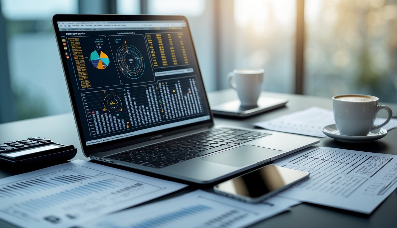 Meja kerja modern dengan laptop yang menampilkan grafik statistik dan data angka togel, dikelilingi oleh kertas, kalkulator, dan secangkir kopi.