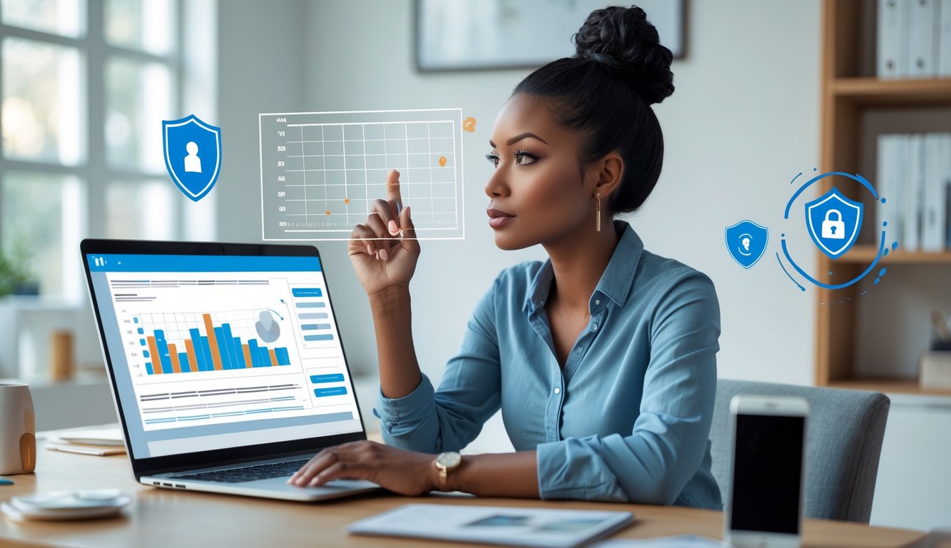 Seorang wanita muda duduk di meja kerja di kantor rumah, melihat layar laptop dengan ekspresi fokus, dikelilingi oleh simbol keamanan dan suasana yang tenang.