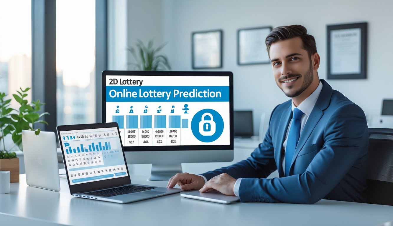 Seorang profesional duduk di meja kerja dengan laptop dan tablet yang menampilkan grafik prediksi togel 2D, di ruang kantor yang terang dan rapi.
