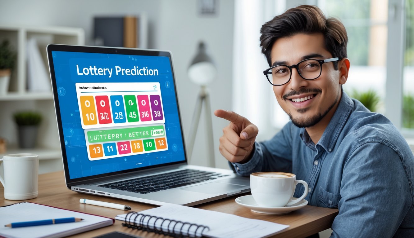 Seorang pemuda duduk di meja dengan laptop terbuka menampilkan situs prediksi togel online, tersenyum dan menunjuk layar di ruang kerja yang terang dan rapi.