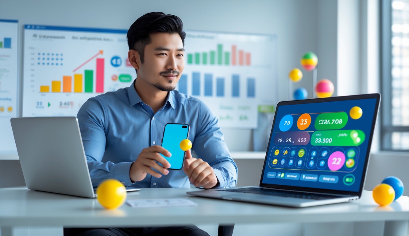 Seorang pria Asia duduk di meja dengan laptop dan ponsel yang menampilkan grafik dan angka terkait prediksi togel online, di ruang kantor yang terang dan rapi.