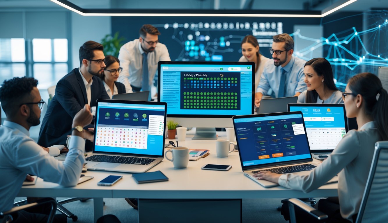 Beberapa orang sedang bekerja bersama di kantor dengan komputer yang menampilkan data dan grafik terkait prediksi togel 2D online.