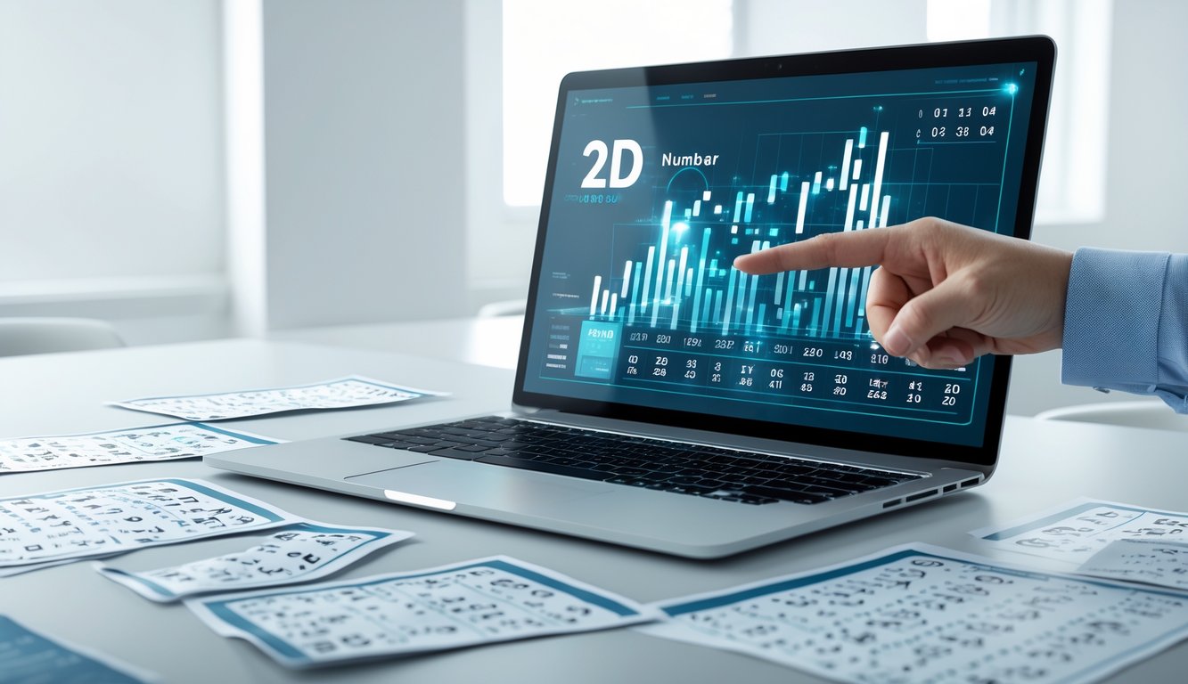 Seorang profesional sedang menganalisis data angka togel 2D di depan laptop di ruang kerja modern.