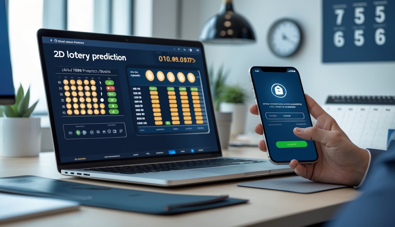 Seorang profesional sedang bekerja dengan laptop dan ponsel di meja kantor modern, menampilkan data dan konfirmasi pembayaran terkait prediksi togel online.