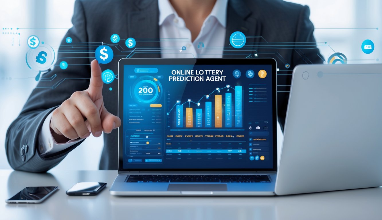 Seorang profesional di depan laptop dengan tampilan prediksi togel online dan simbol pembayaran digital di meja kerja.