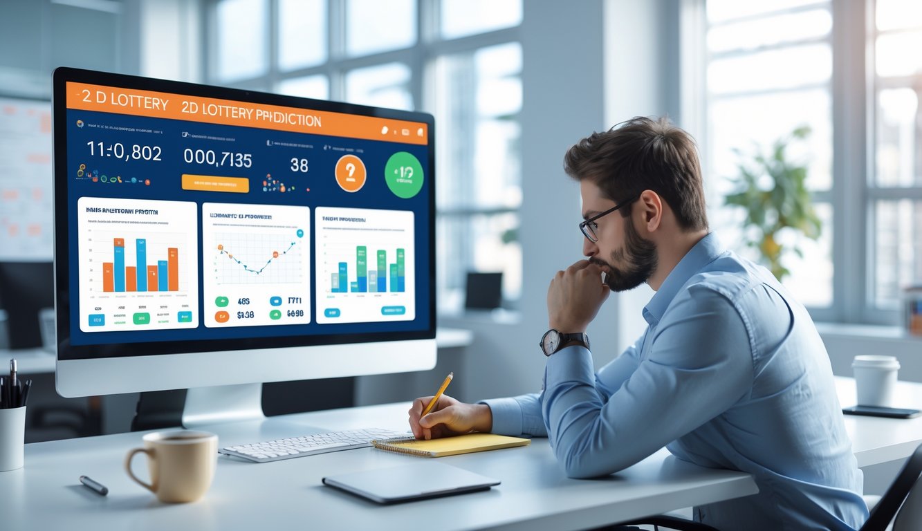 Seorang pria sedang menganalisis data prediksi togel 2D di depan komputer di ruang kerja yang terang dan rapi.