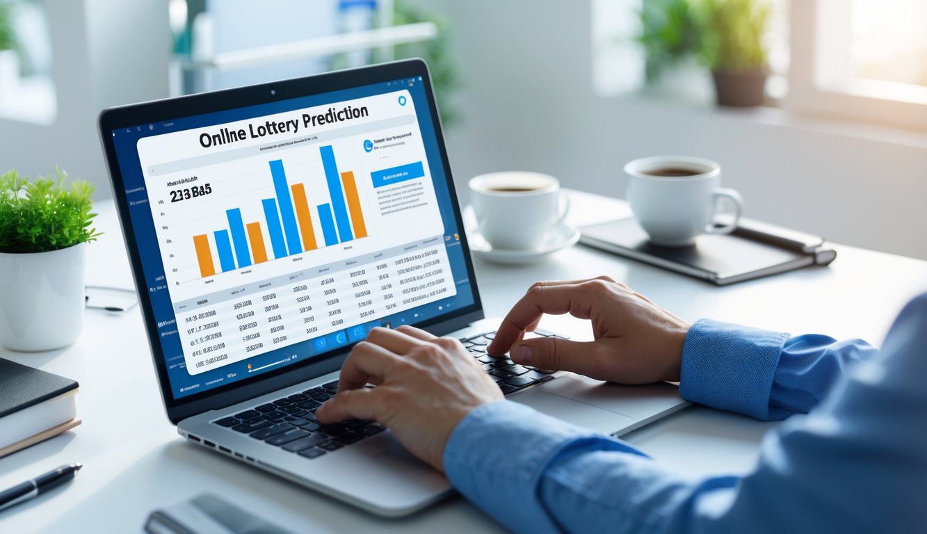 Seorang profesional sedang bekerja dengan laptop di meja kantor yang rapi, menganalisis data prediksi togel 2D online.