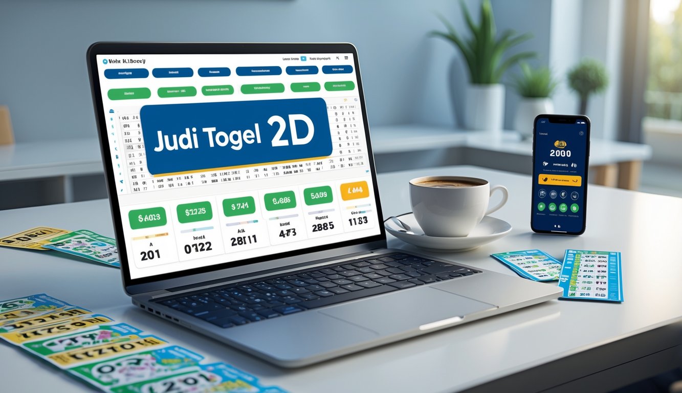 Seorang pria menggunakan laptop di meja kerja dengan tiket lotere dan ponsel di sekitarnya, menunjukkan aktivitas judi togel online.