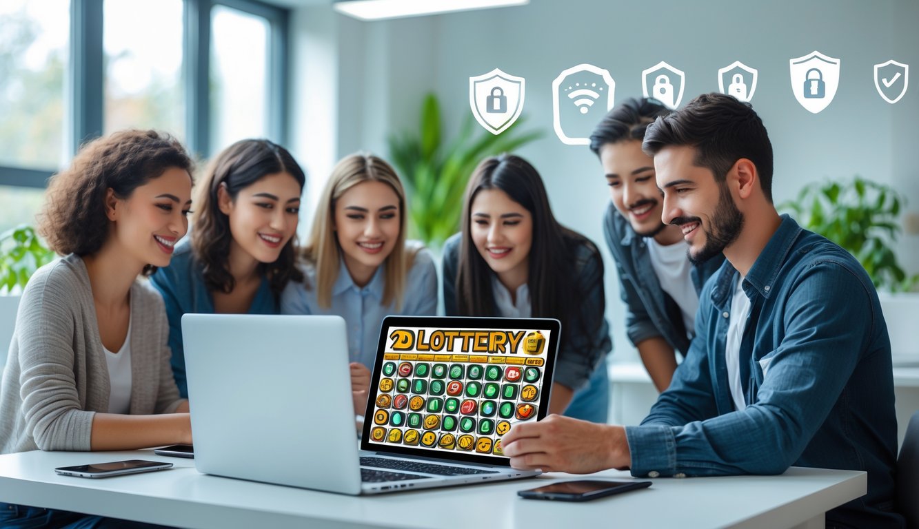 Sekelompok orang muda menggunakan laptop dan ponsel di meja yang rapi, bermain permainan togel online dengan suasana yang aman dan nyaman.