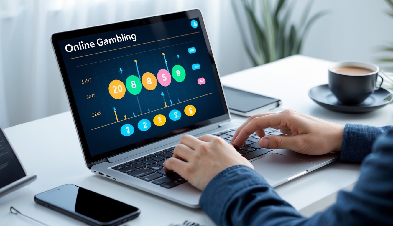 Seseorang menggunakan laptop di meja kerja dengan tampilan antarmuka lotere digital, dikelilingi oleh smartphone, kopi, dan buku catatan.