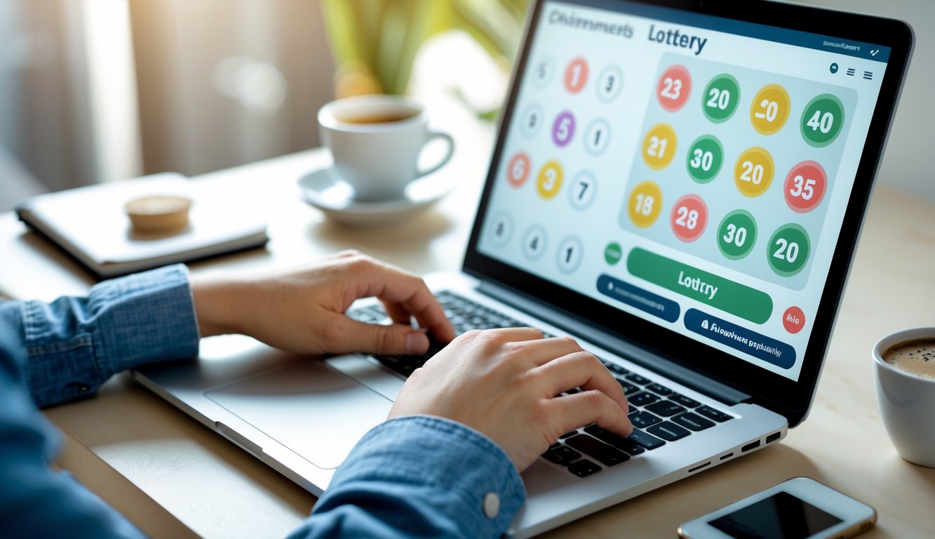 Seseorang menggunakan laptop di meja kerja dengan layar menampilkan antarmuka permainan togel 2D online, di sekitar ada kopi dan ponsel.