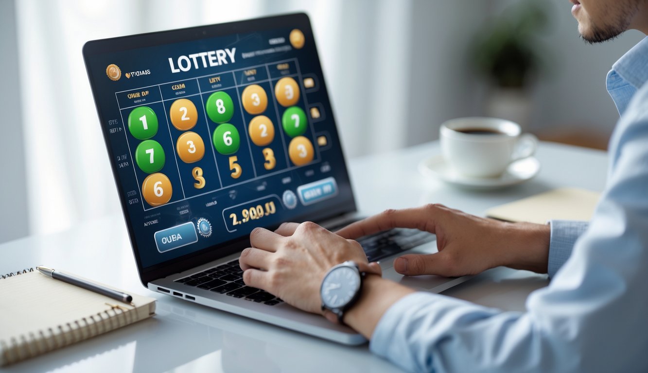 Seseorang menggunakan laptop dan ponsel untuk bermain judi togel 2D online di meja kerja yang rapi.