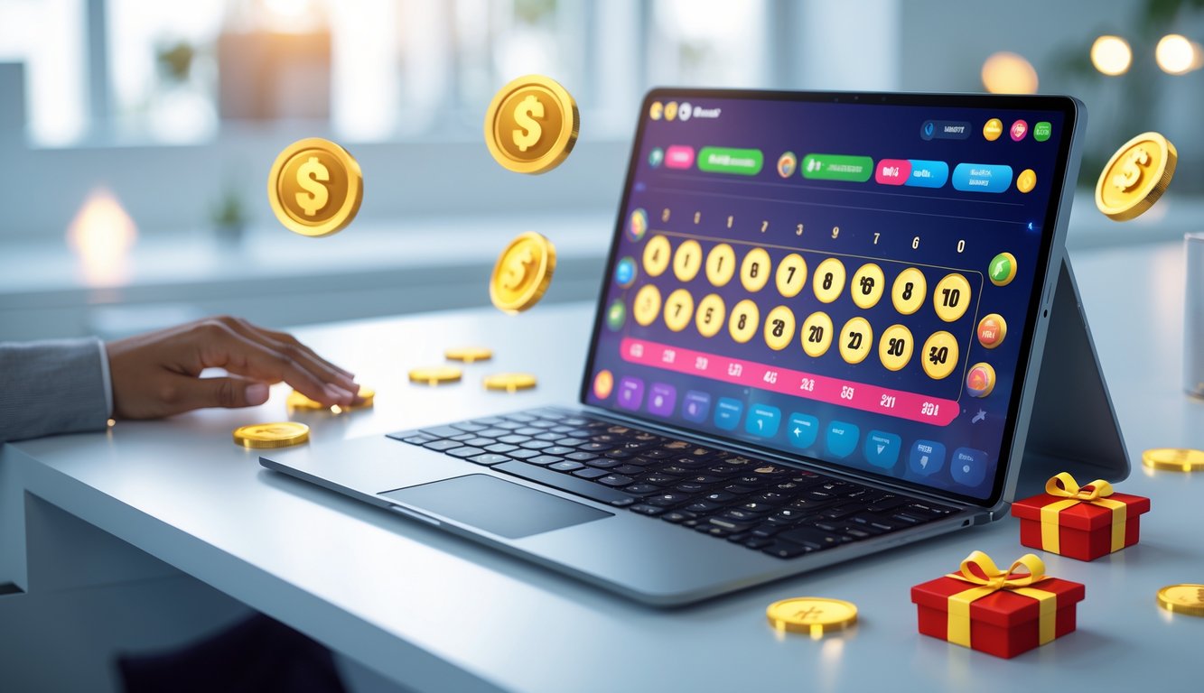 Sebuah laptop modern di atas meja dengan tampilan antarmuka permainan angka togel 2D, dikelilingi oleh koin dan simbol hadiah di lingkungan yang terang dan rapi.
