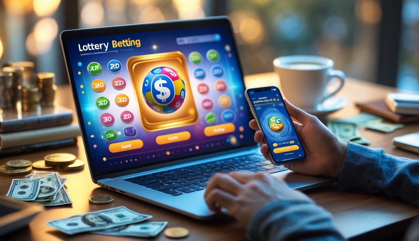 Seseorang menggunakan laptop dan ponsel untuk bermain judi togel 2D online dengan uang dan kopi di meja.