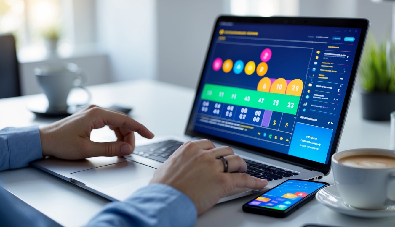 Seorang pria menggunakan laptop di meja kerja dengan layar menampilkan antarmuka permainan togel online, di sekitar meja terdapat cangkir kopi dan ponsel.