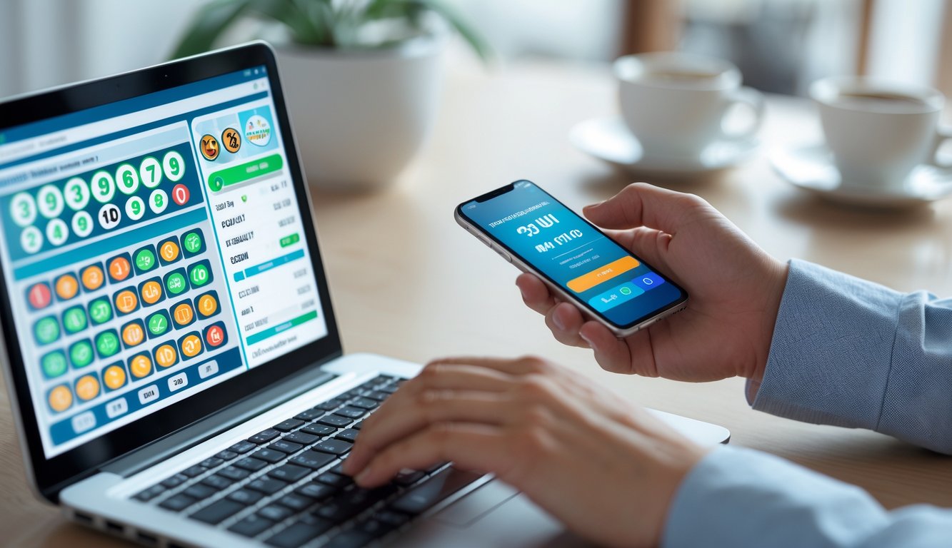 Seseorang menggunakan laptop dan ponsel untuk bermain togel 2D online dengan proses pembayaran cepat dan mudah di meja kerja modern.