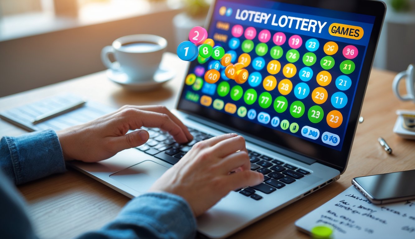 Seorang pemain sedang menggunakan laptop untuk bermain judi togel 2D online di meja kerja dengan kopi dan catatan di sekitarnya.