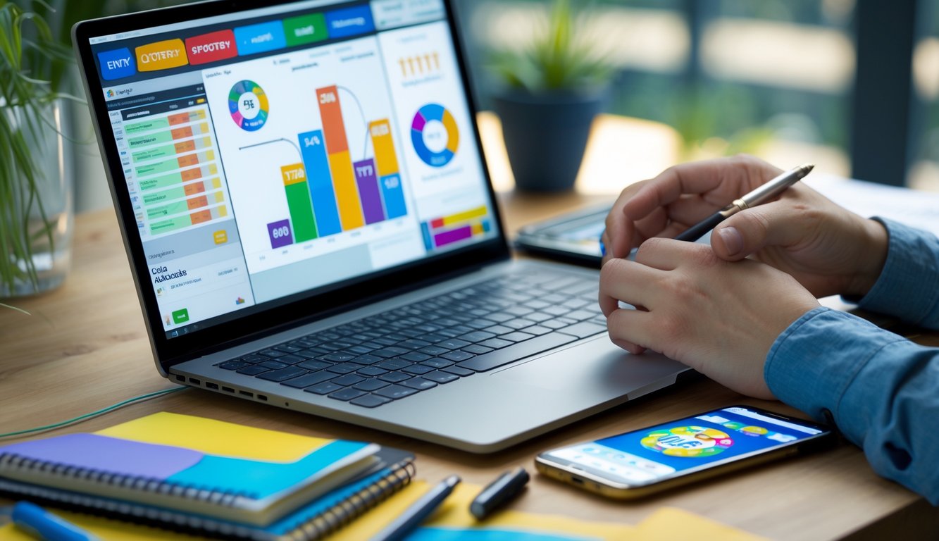 Meja kerja dengan laptop, catatan, dan tangan seseorang sedang menganalisis data statistik togel 2D.