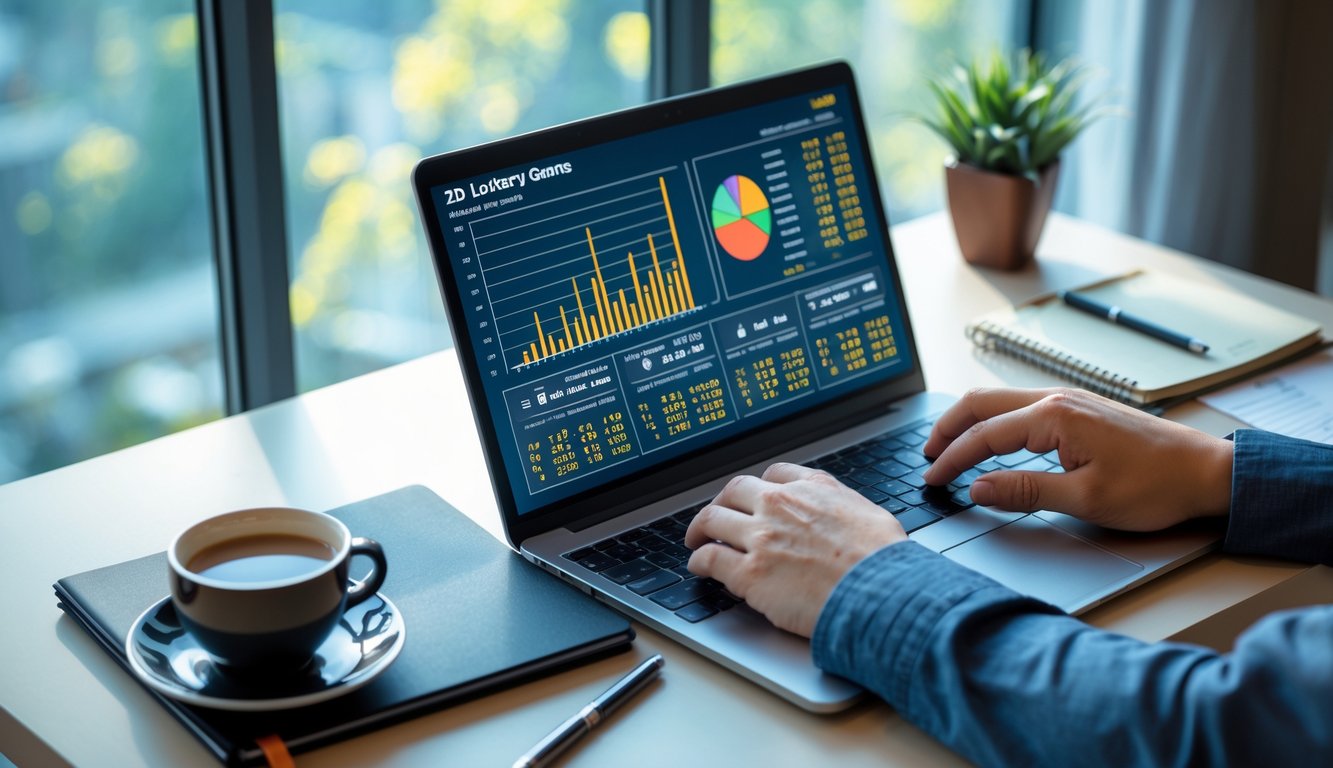 Seorang individu sedang bekerja dengan laptop yang menampilkan grafik statistik untuk permainan judi togel 2D di sebuah meja kerja yang rapi.