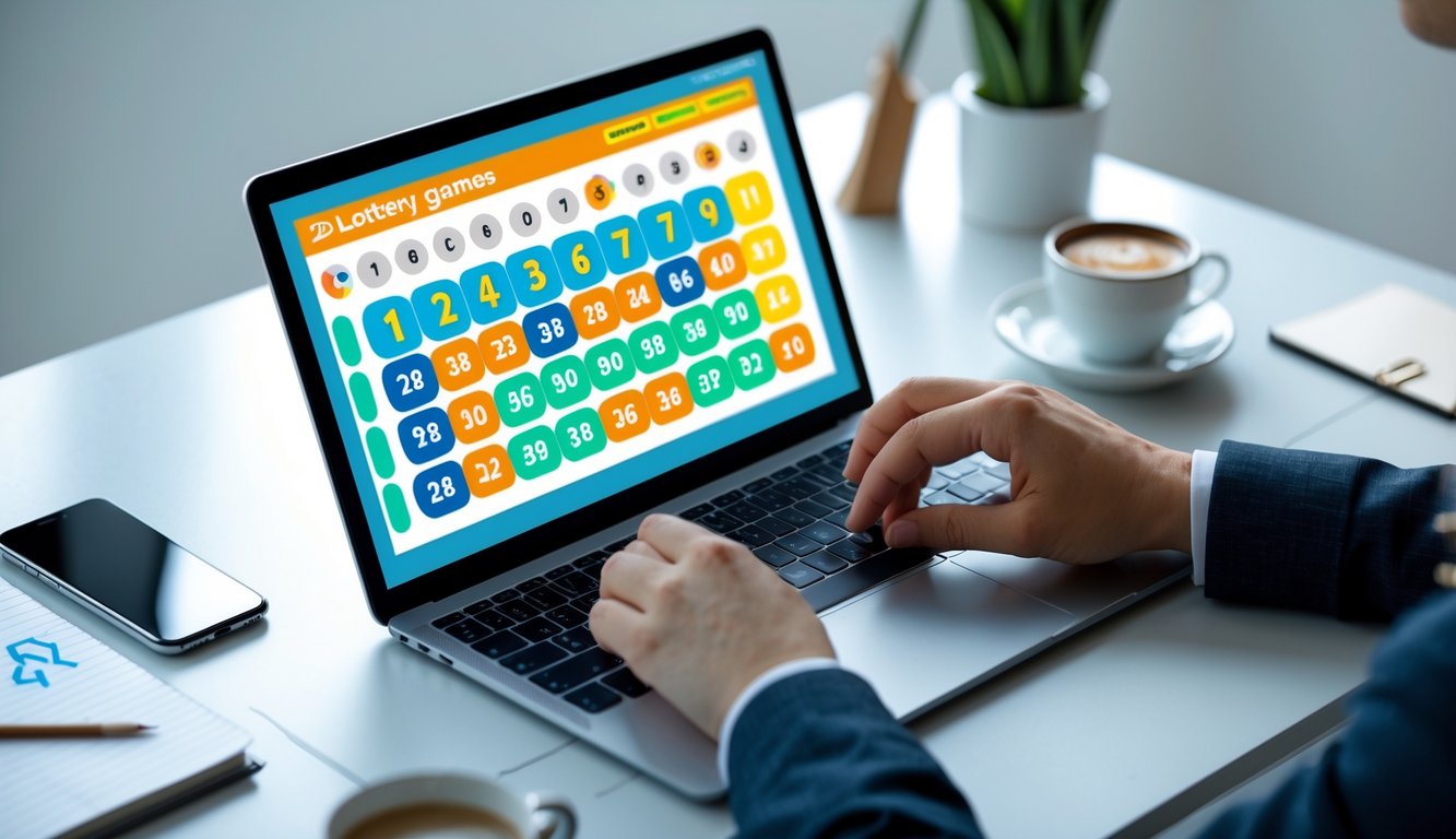 Seseorang menggunakan laptop di meja kerja dengan tampilan layar yang menampilkan angka dan grafik terkait permainan togel online.