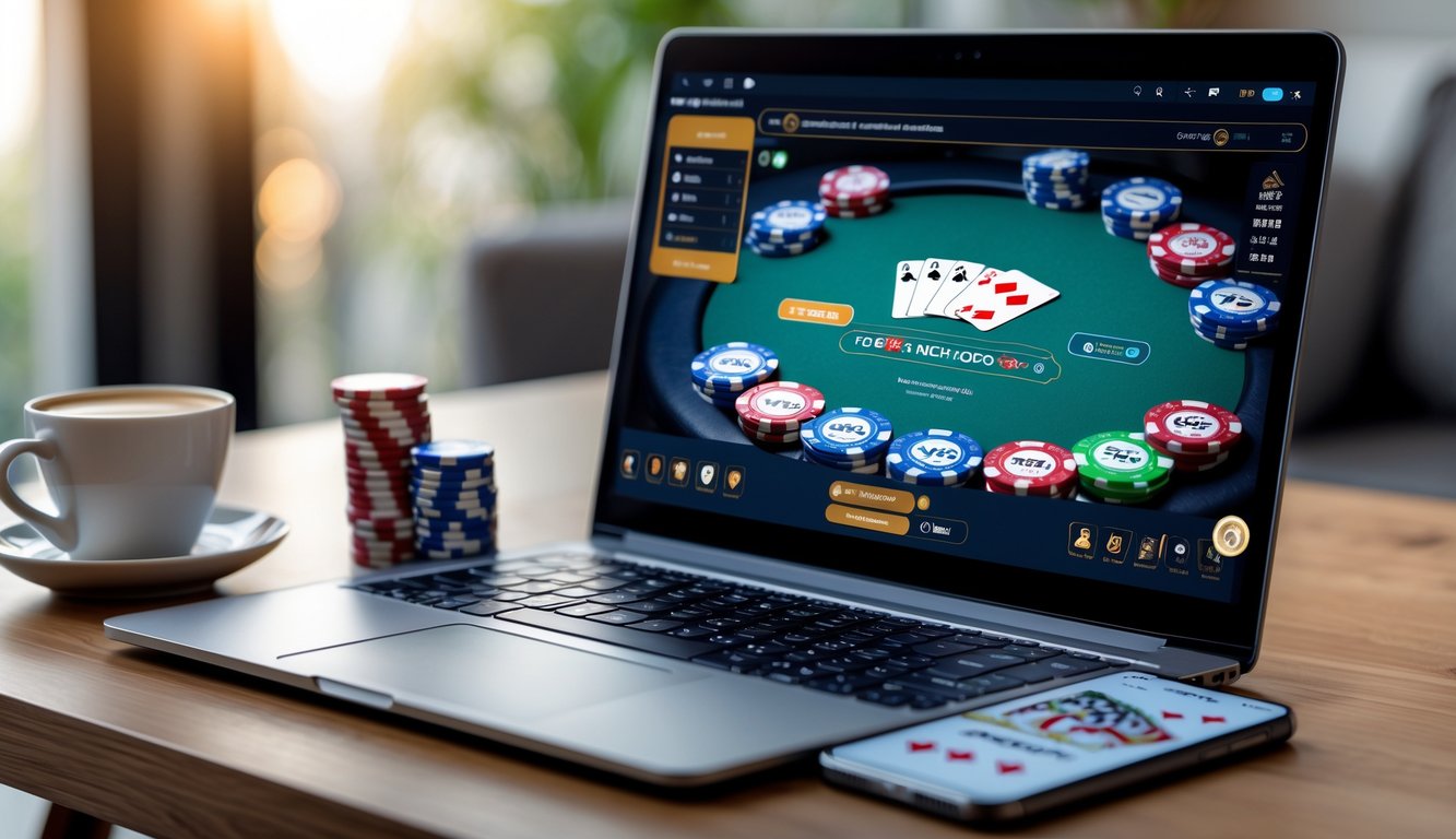 Meja dengan laptop yang menampilkan permainan poker online, tumpukan chip poker, ponsel dengan aplikasi poker, dan secangkir kopi.