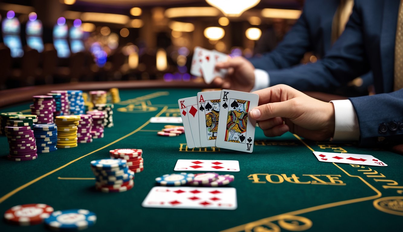 Meja poker dengan kartu dan chip di kasino yang mewah dan terang