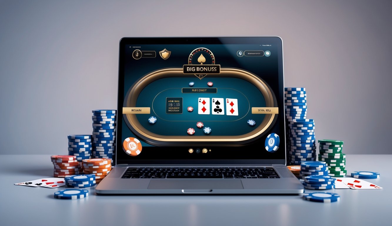 Seorang pemain duduk di depan komputer dengan layar menampilkan permainan poker online, dikelilingi oleh tumpukan chip dan kartu remi.