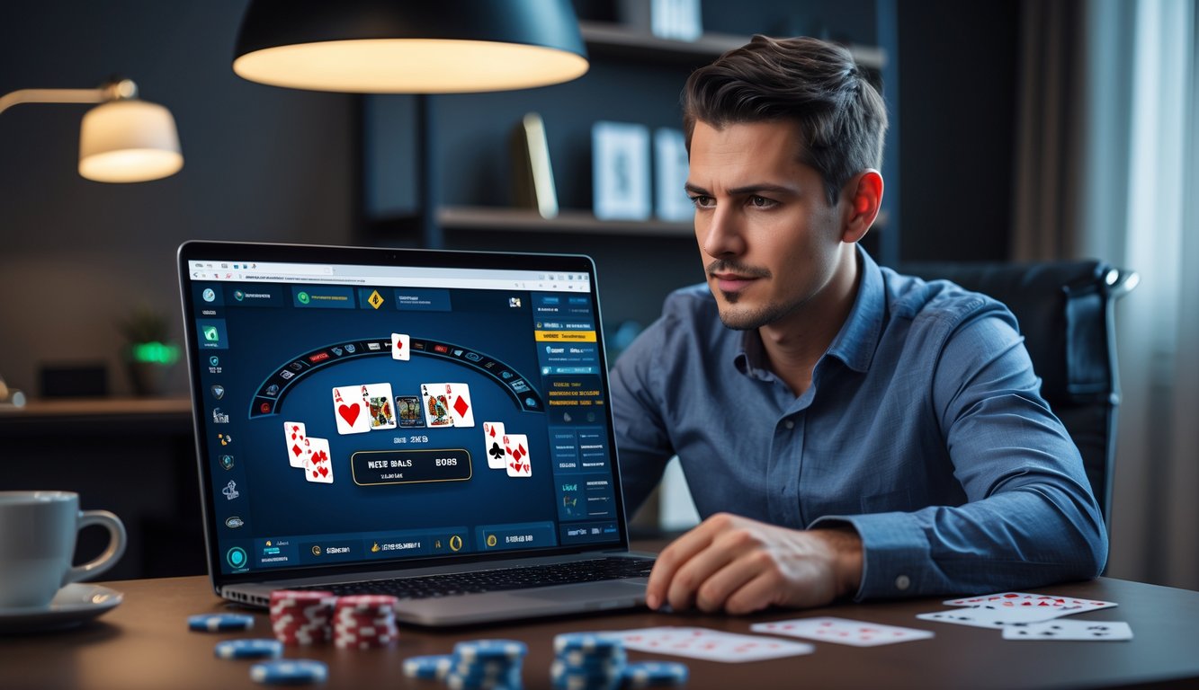 Seorang pemain poker sedang fokus menganalisis kartu di laptop dengan tumpukan chip dan kartu di meja dalam suasana ruangan yang tenang.