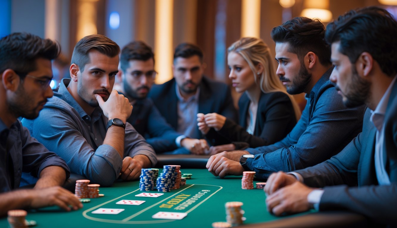 Beberapa pemain poker duduk di sekitar meja hijau dengan kartu dan chip, fokus pada permainan poker Texas Hold’em.