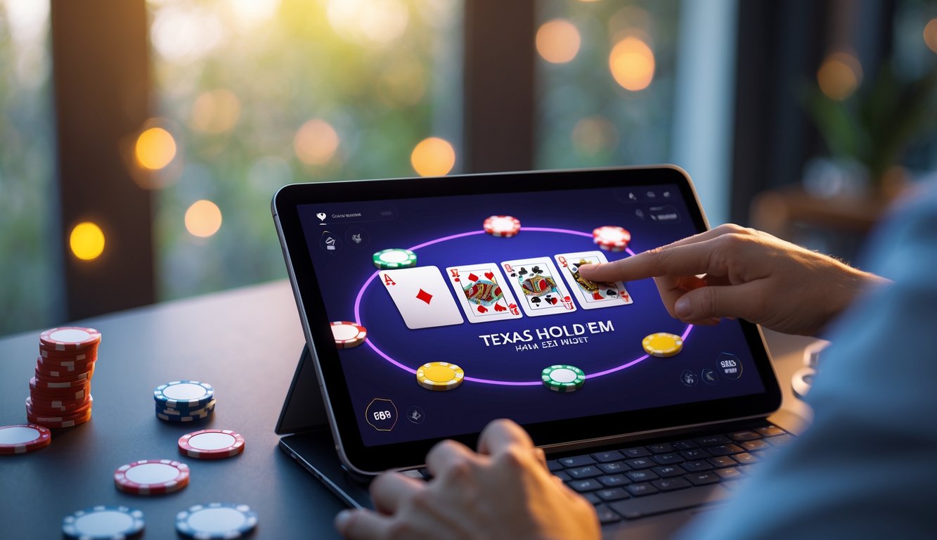 Seseorang bermain poker online Texas Hold'em dengan kartu dan chip poker di layar komputer di lingkungan rumah yang nyaman.