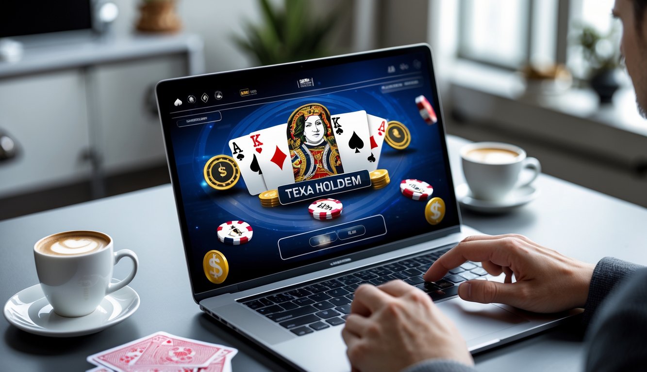 Seorang pemain sedang bermain poker online di depan komputer dengan chip poker dan kartu di meja dalam ruangan yang rapi dan terang.