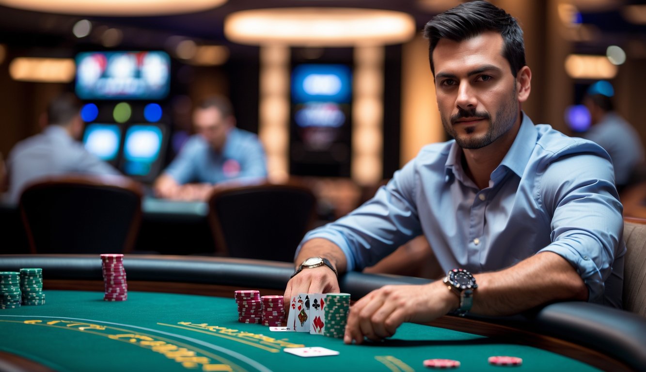 Seorang pria fokus duduk di meja poker dengan kartu dan chip di kasino modern.