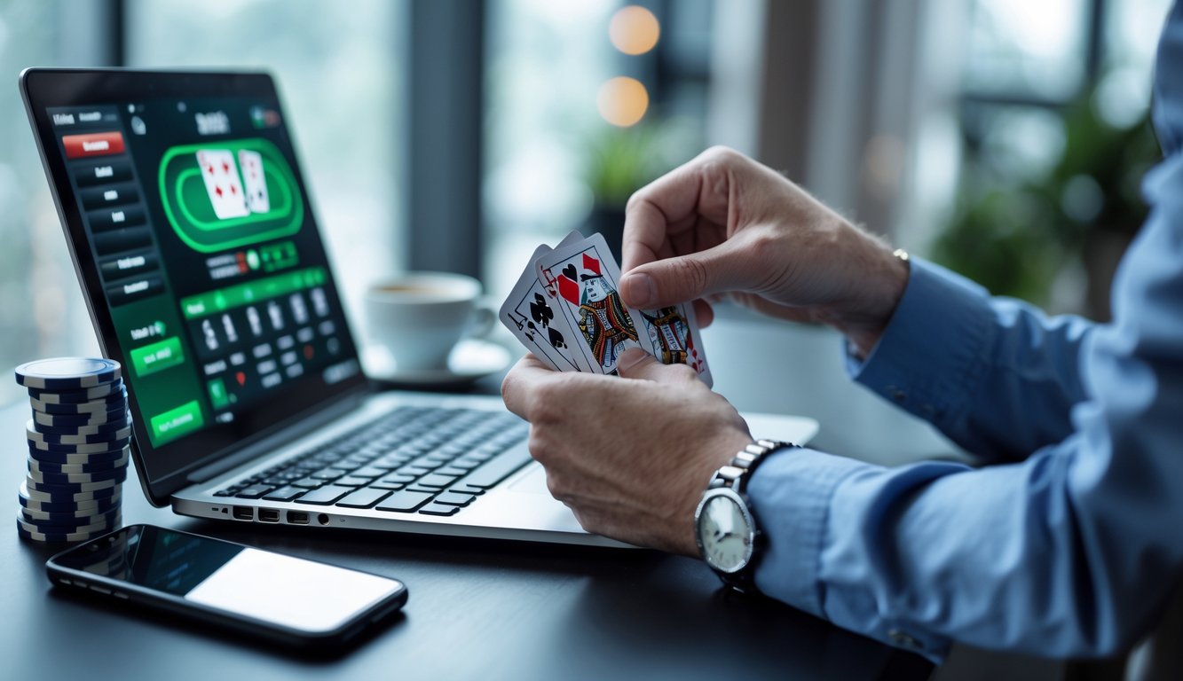 Seorang pria fokus bermain poker online Hold’em di depan laptop dengan tumpukan chip poker di meja.