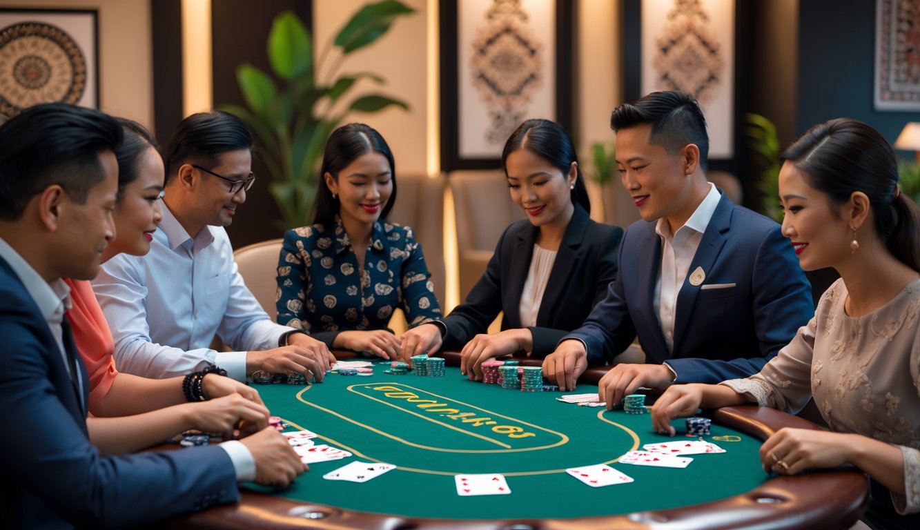 Sekelompok orang bermain poker Texas Hold'em di meja kayu dengan suasana ruangan modern dan elemen budaya Indonesia.